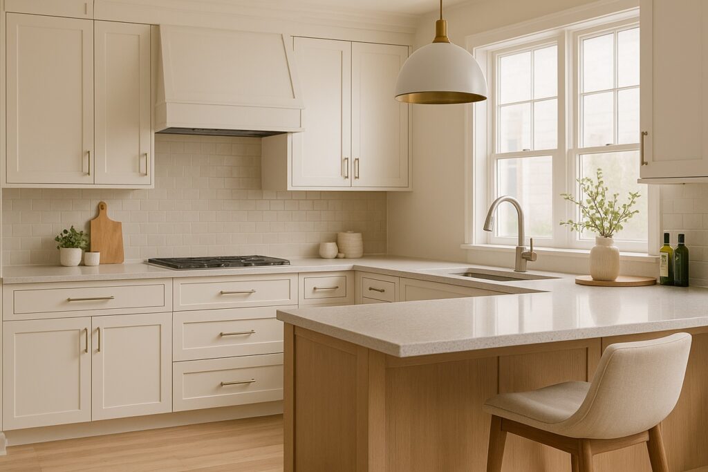 Modern kitchen with semi-custom cabinetry and soft brass lighting – Belle Design Collective