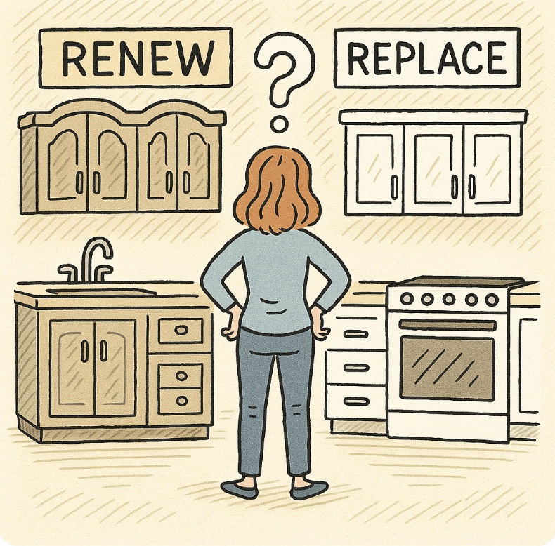 Cartoon sketch of a homeowner deciding between renewing old cabinets and replacing them with modern cabinetry.