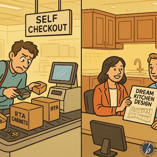 Cartoon illustration contrasting RTA cabinet self-checkout frustration with a Belle Design Collective designer showing a ‘Dream Kitchen Design’ in a showroom.