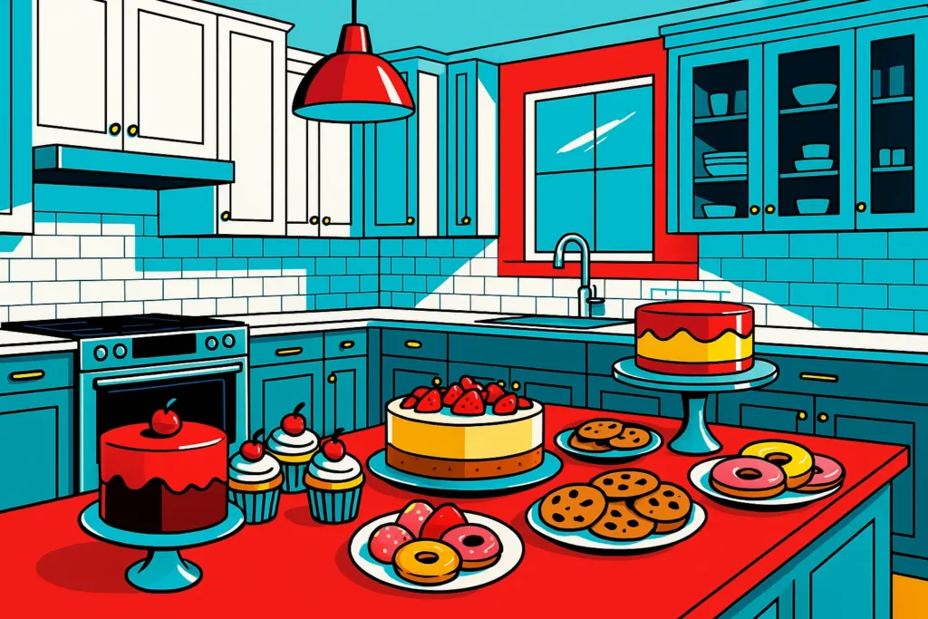 Bold cartoon of a semi-custom kitchen with glossy colors and desserts, representing the sweet spot between budget and custom cabinetry.
