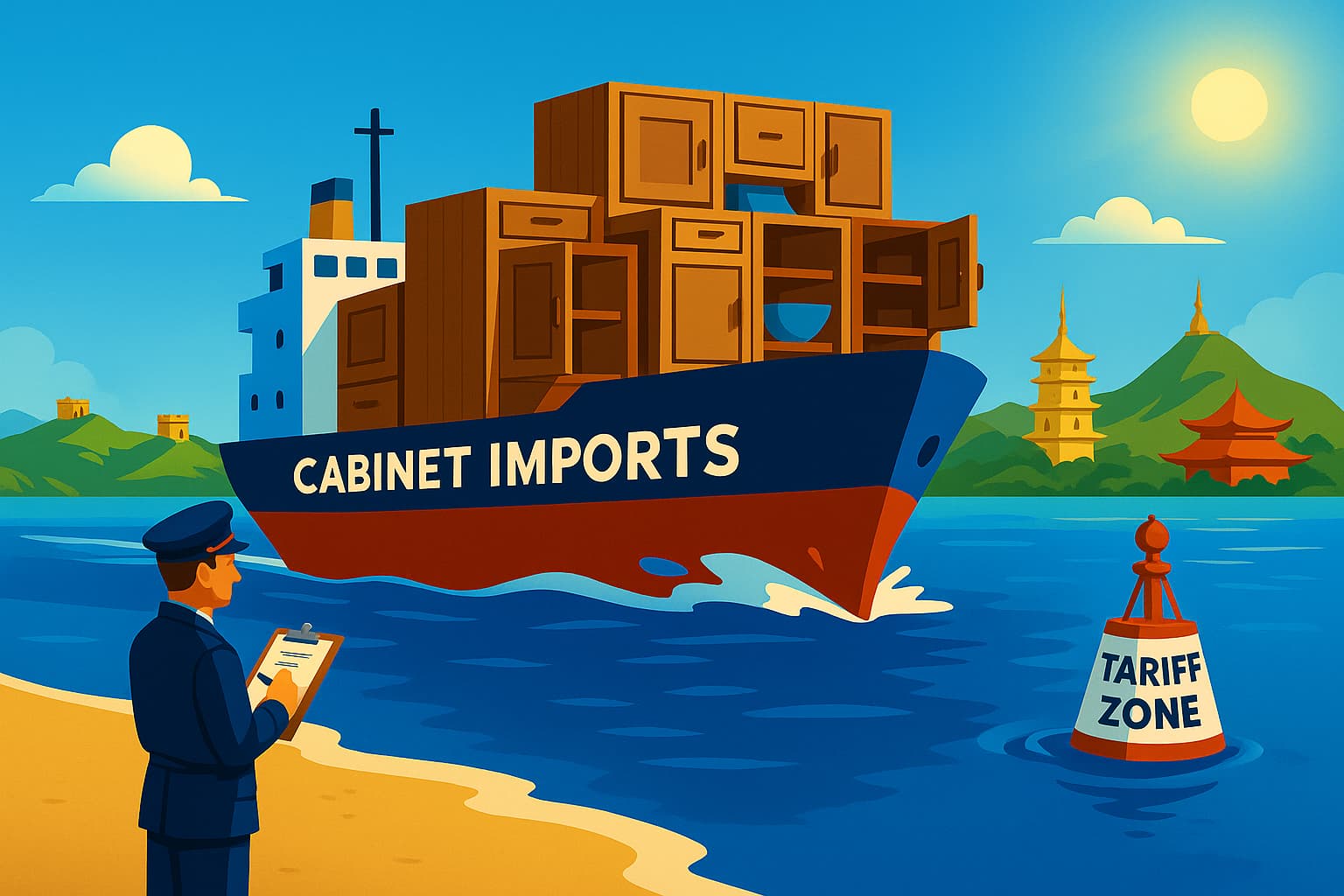 A colorful, editorial-style illustration of a cargo ship labeled “Cabinet Imports” sailing toward shore, stacked with kitchen cabinets. A buoy marked “Tariff Zone” floats nearby, while a U.S. Customs officer stands on the beach holding a clipboard, watching the ship approach. Asian landmarks including pagodas and the Great Wall appear in the background beneath a bright blue sky.